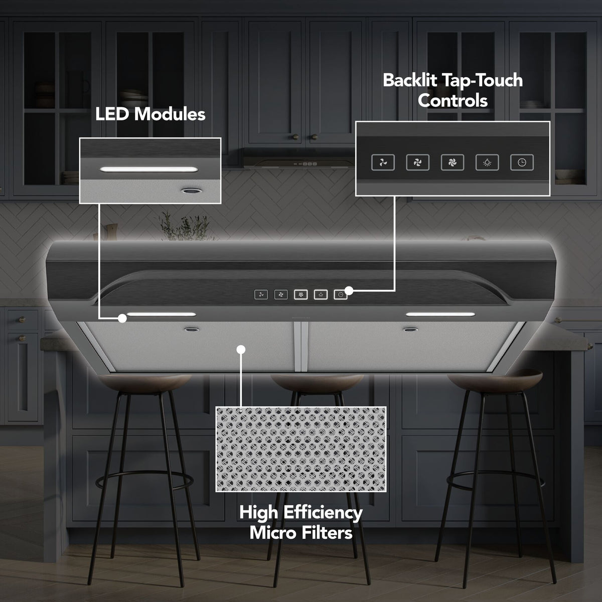 Broan-NuTone Alta 30-Inch 350 CFM 3-Speed Convertible Under Cabinet Range Hood in Black Stainless Steel (ALT2303BLS)