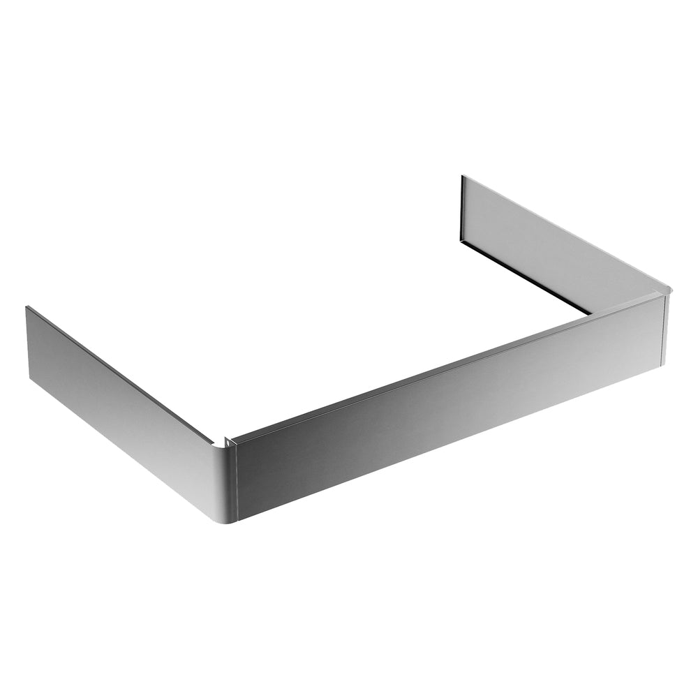 Stainless steel toe kick trim, long U-shaped channel with angled corners.