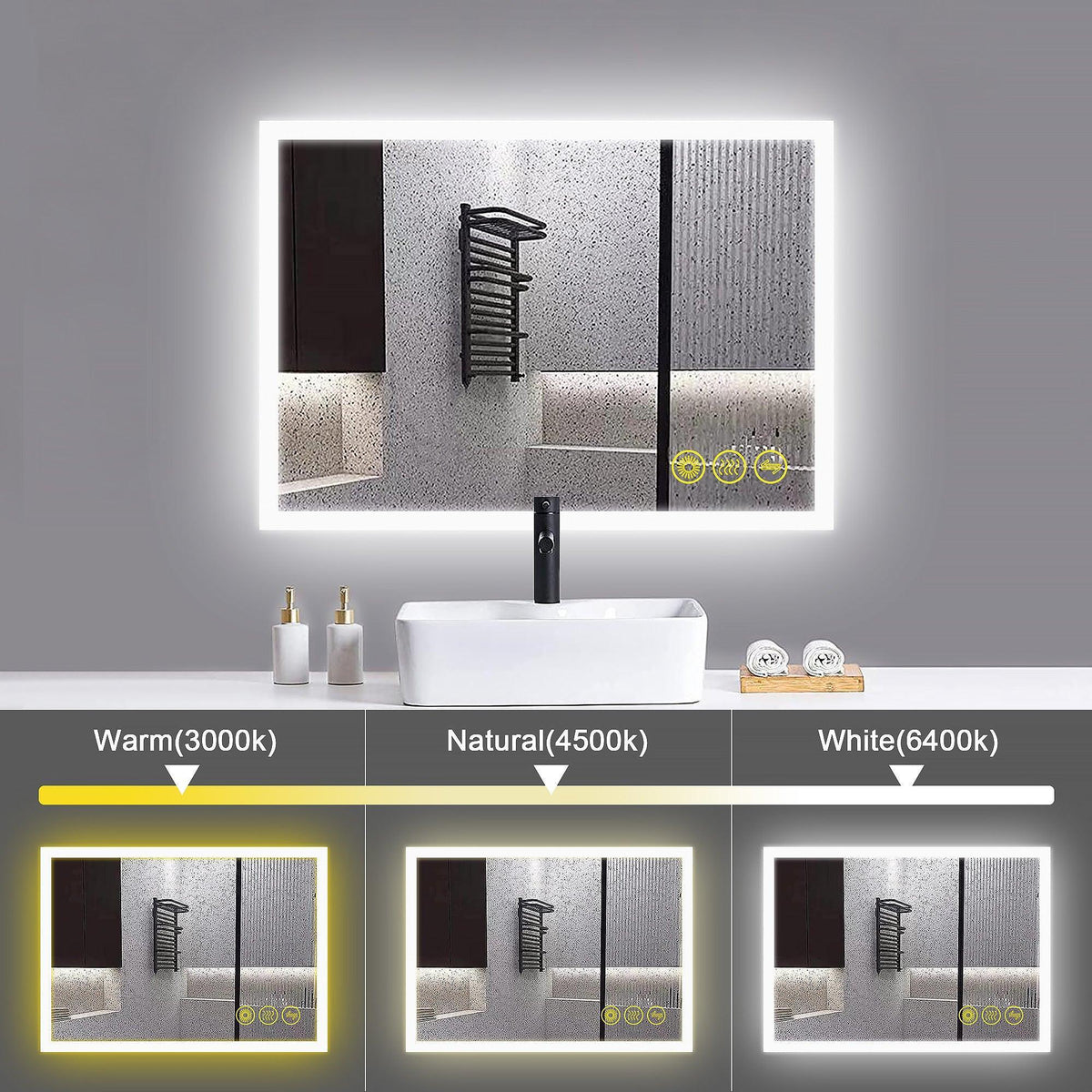 Frameless LED bathroom mirror with white light border showing multiple lighting temperature views