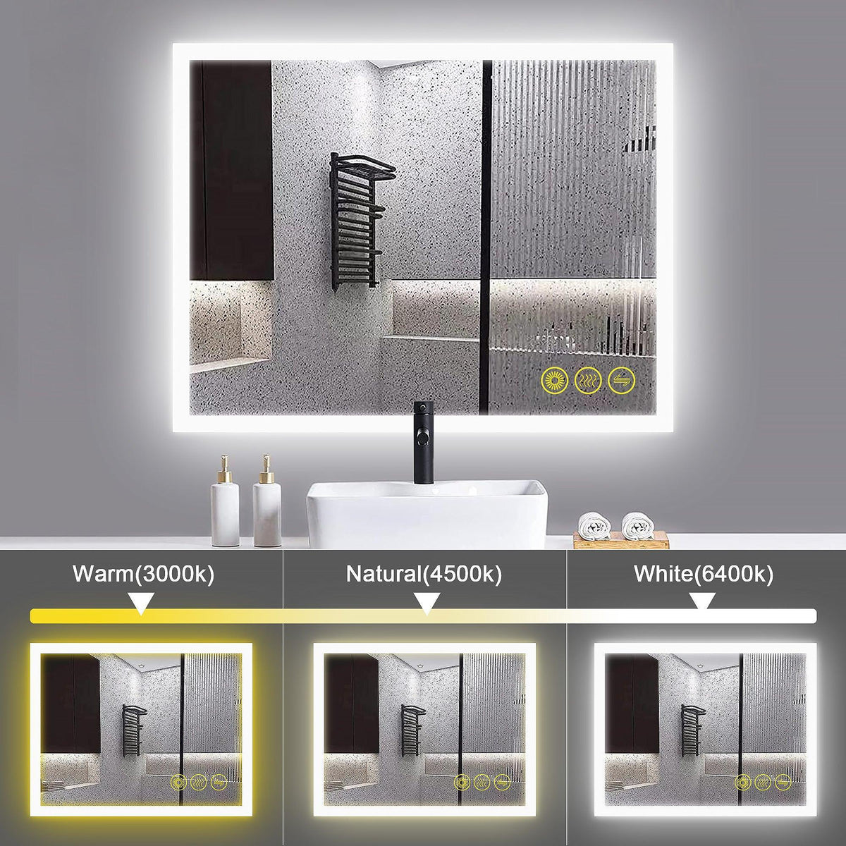 Frameless LED bathroom mirror with white border showing warm, natural, and white lighting modes