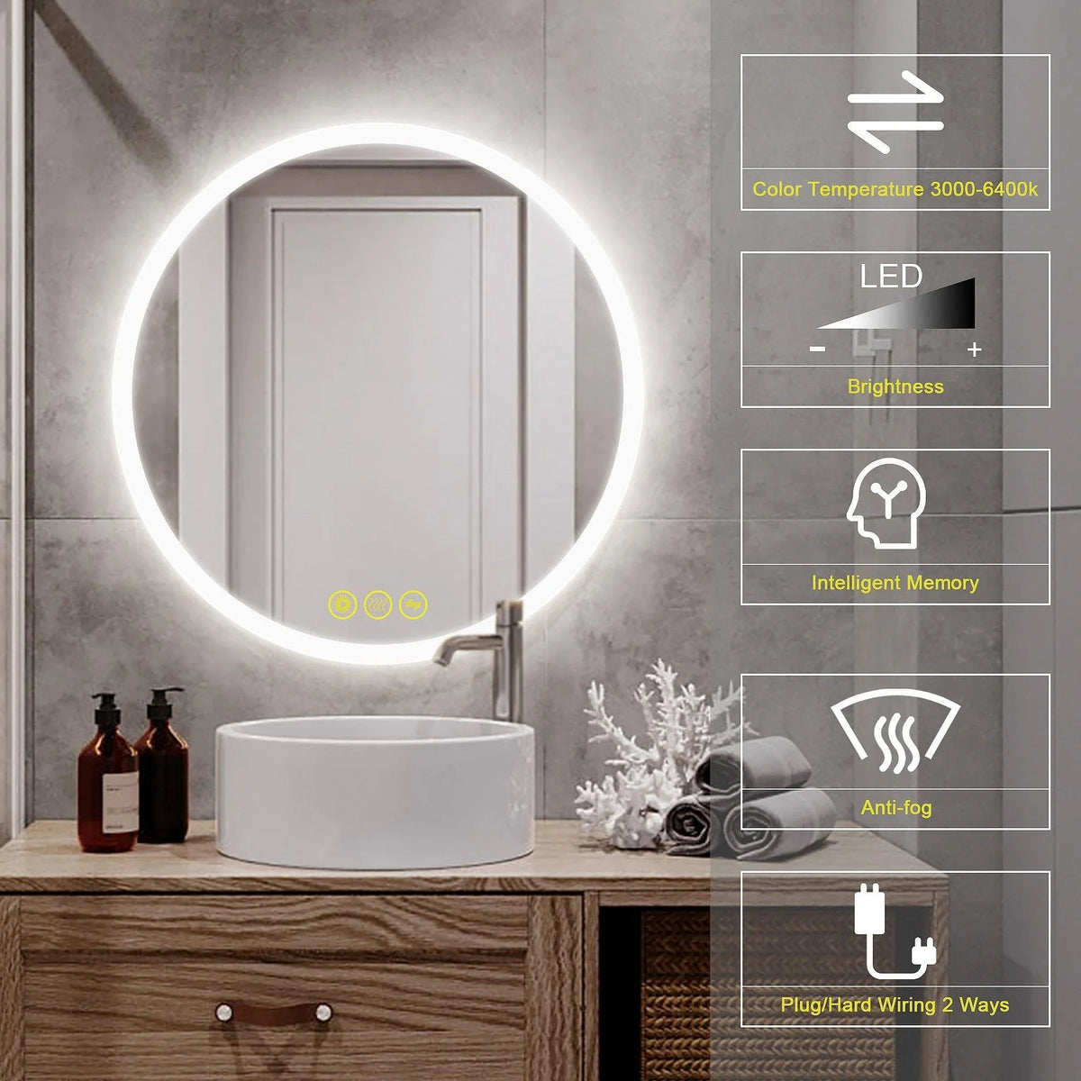 Round LED bathroom vanity mirror with touch controls and glowing light ring