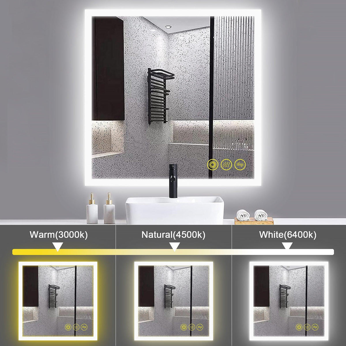 Frameless LED bathroom vanity mirror with bright glowing light edge and dimming icons