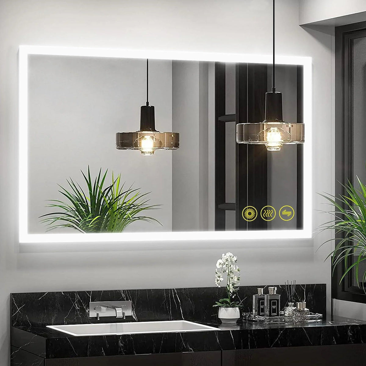 Frameless LED bathroom vanity mirror with warm light glow around the edges