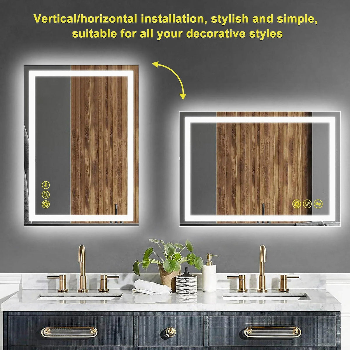 Backlit bathroom mirror with white LED frame showing vertical and horizontal installation