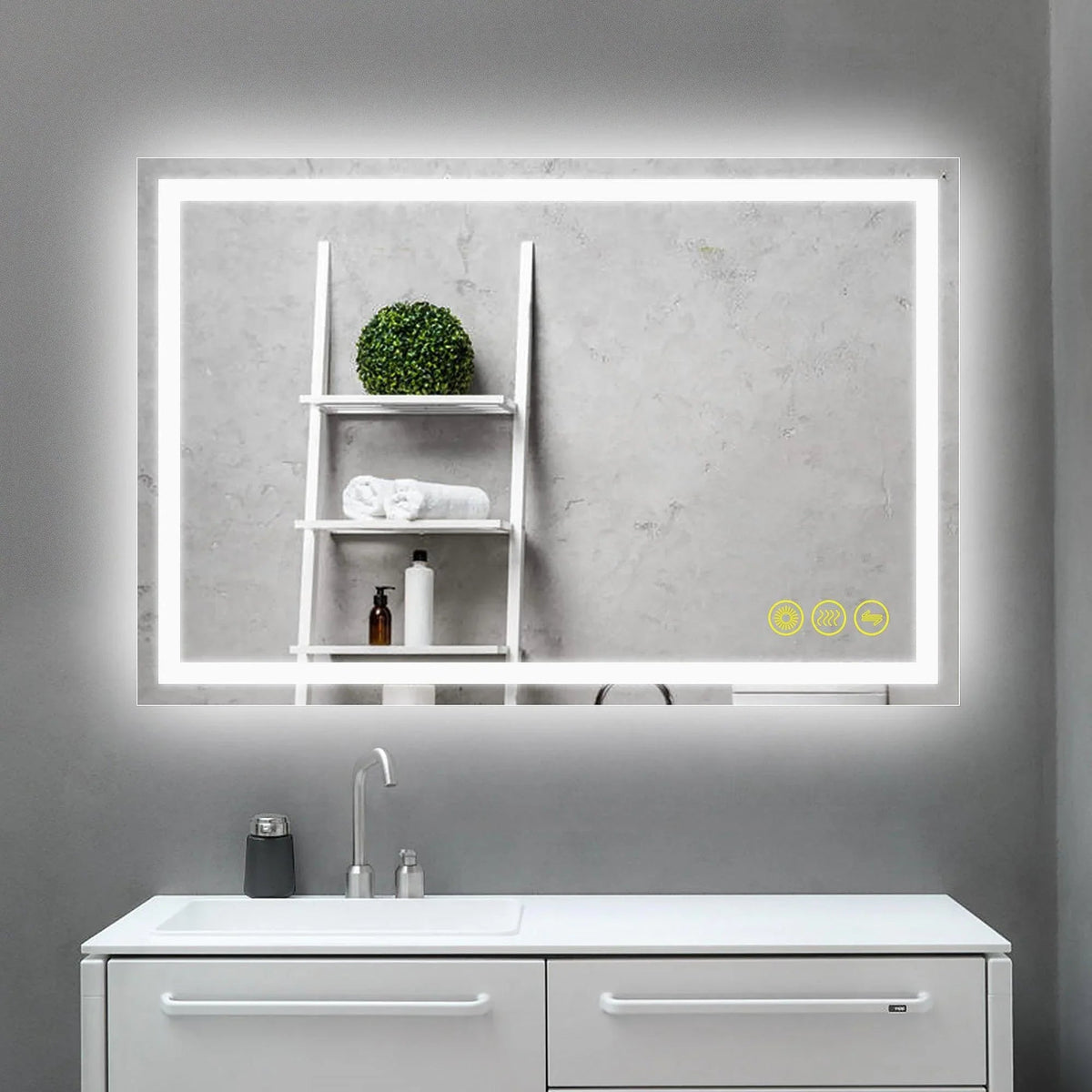 Backlit rectangular bathroom mirror with white LED frame and wall shelves reflection