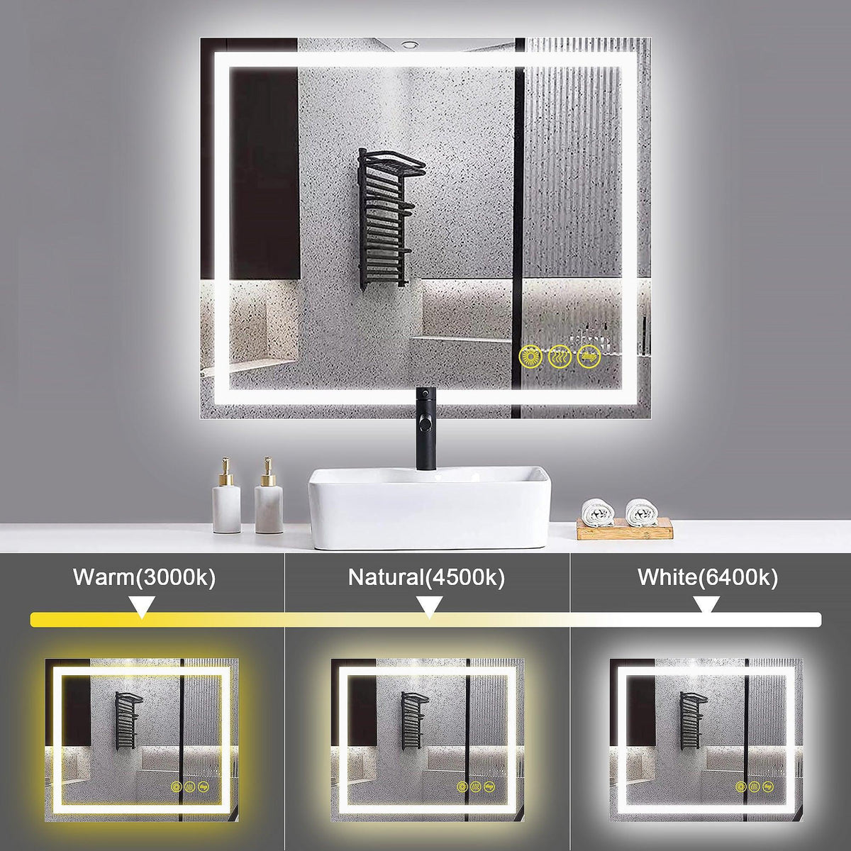 Backlit bathroom LED mirror with bright white frame and touch control panel
