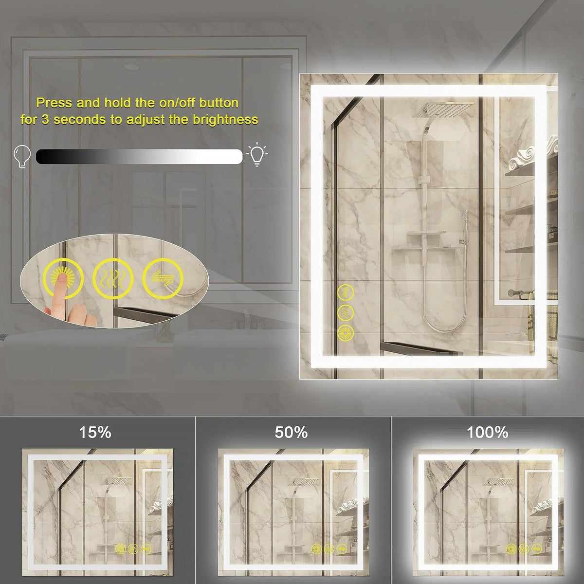 Backlit square bathroom LED mirror showing adjustable brightness levels