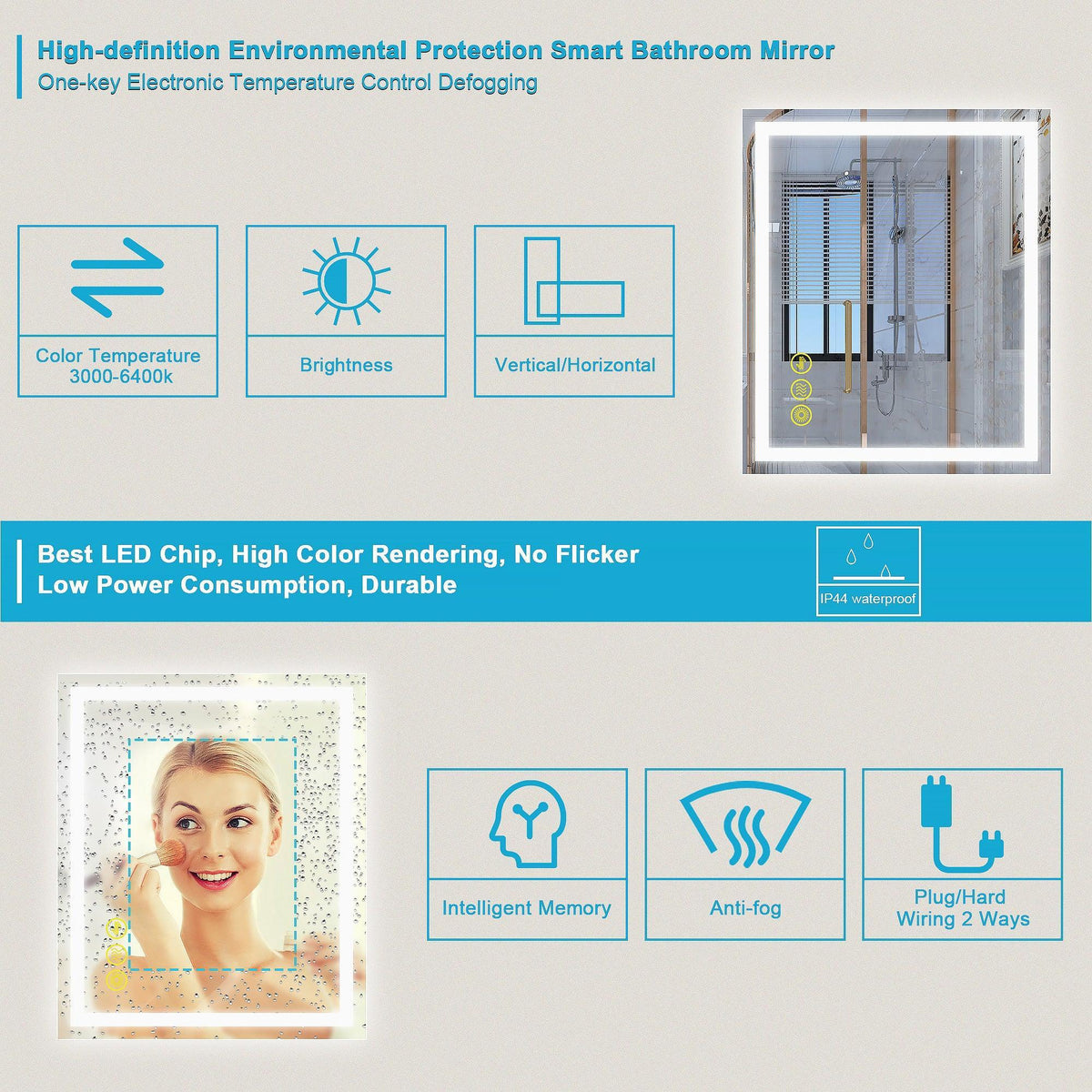 Smart backlit bathroom LED mirror with anti-fog and temperature control icons