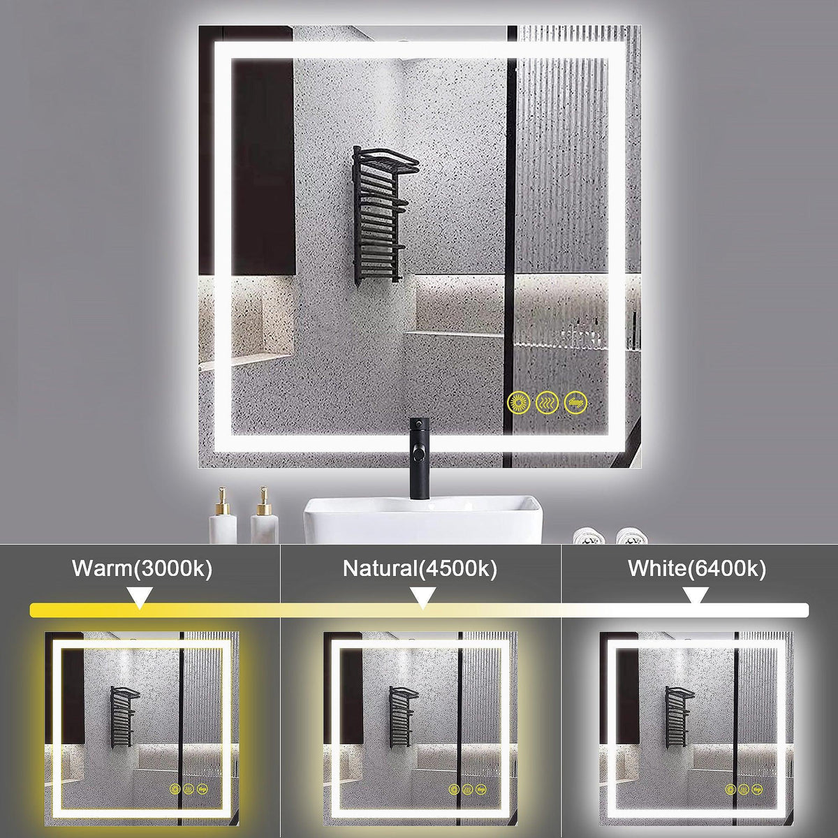 Backlit bathroom LED mirror displaying warm, natural, and white lighting modes