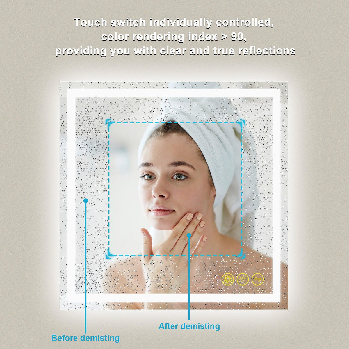 Anti-fog bathroom LED mirror with touch switch and demisting reflection comparison