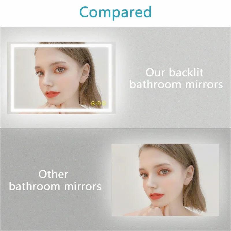 Backlit bathroom mirror with touch controls shown in comparison infographic layout.