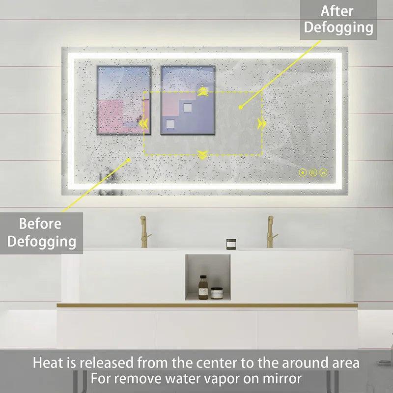Backlit bathroom mirror with anti-fog diagram showing before and after defogging.
