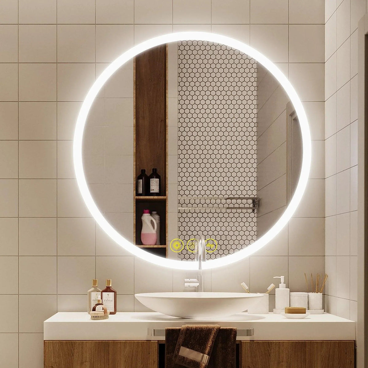 Round LED bathroom vanity mirror with glowing rim reflecting shelves and toiletries