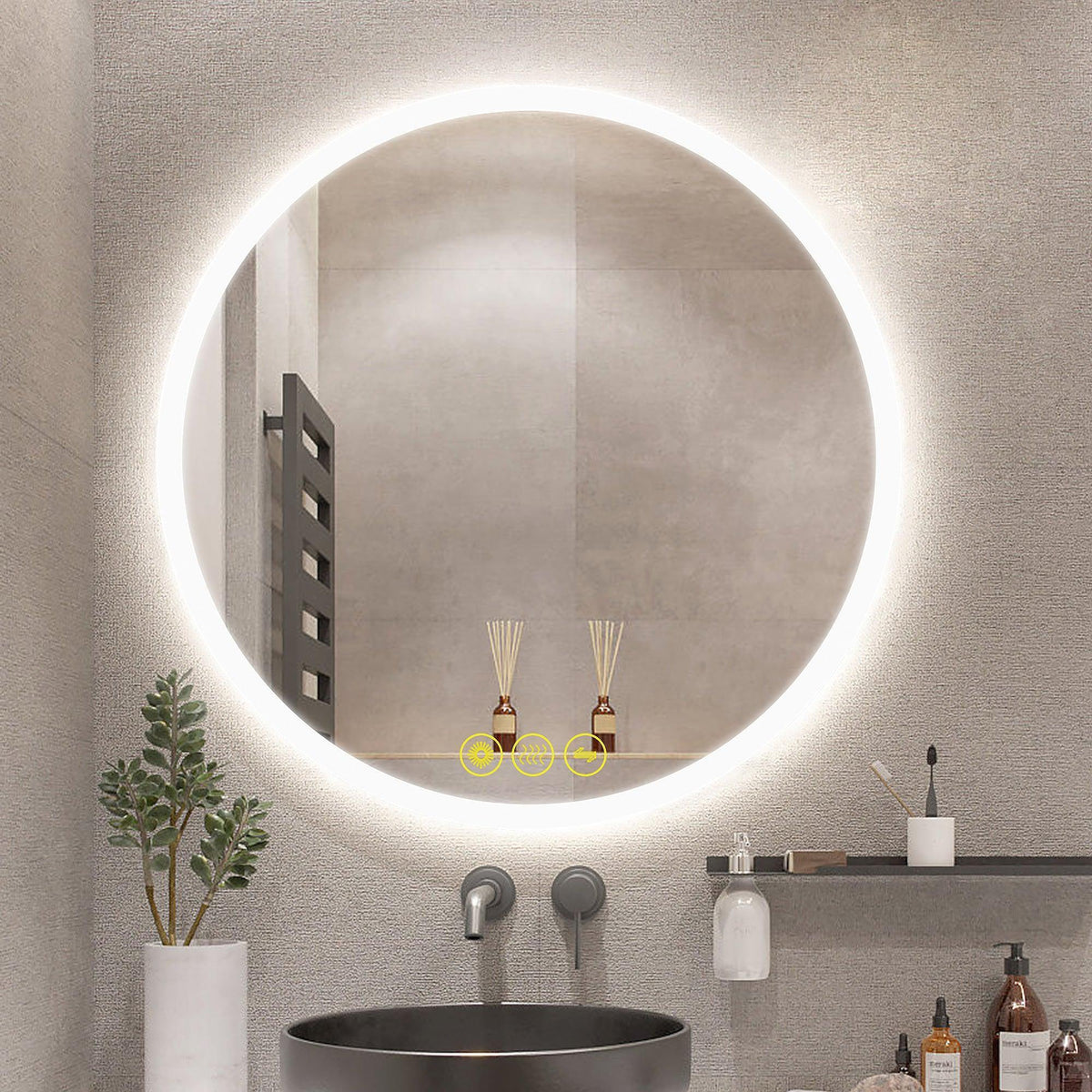 Round LED bathroom vanity mirror with bright illuminated bezel, frameless, anti-fog
