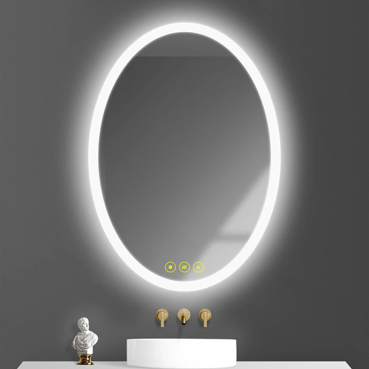 Wall-mounted oval LED mirror with bright perimeter glow and frameless reflective glass