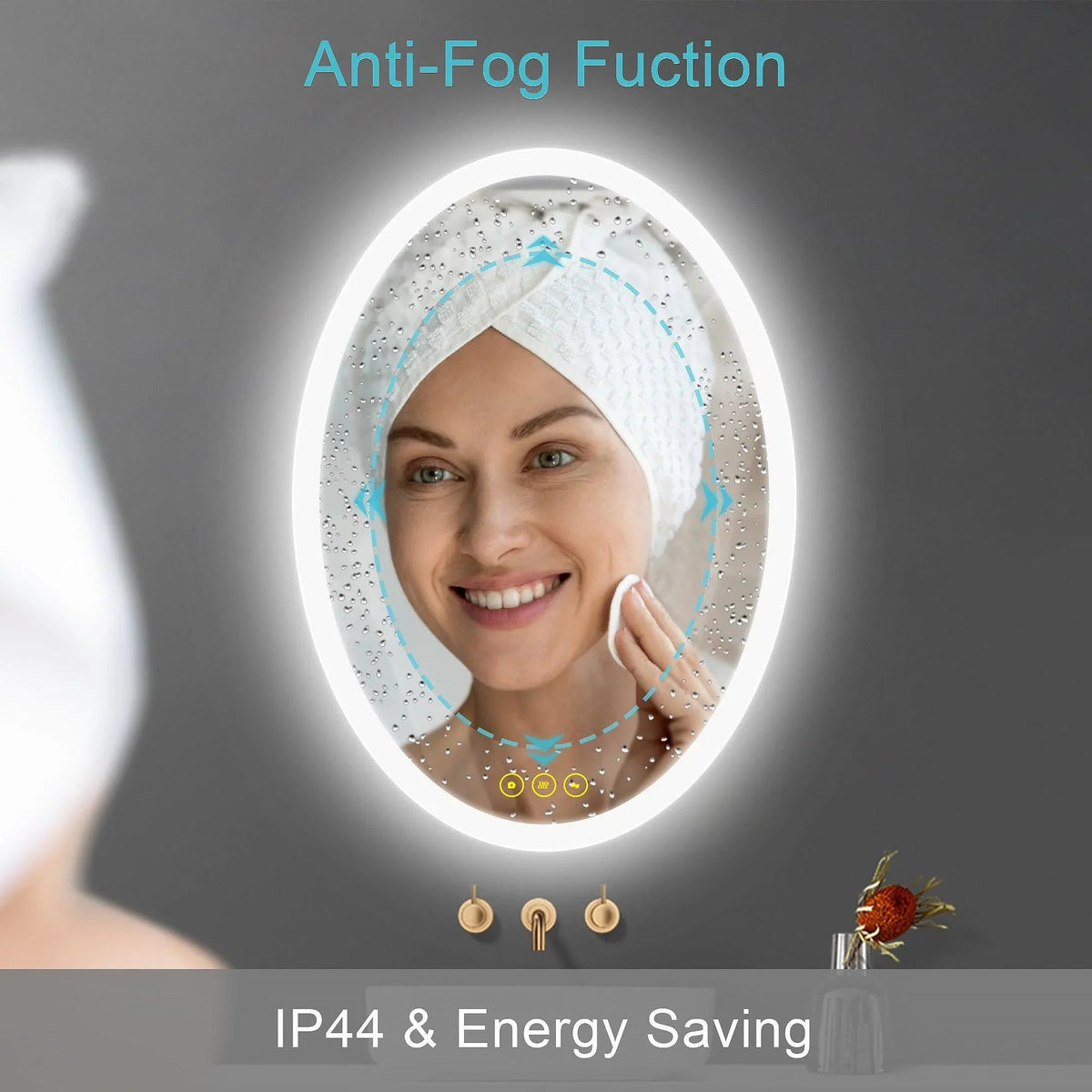 Oval LED mirror with anti-fog clarity around a smiling person holding a finger