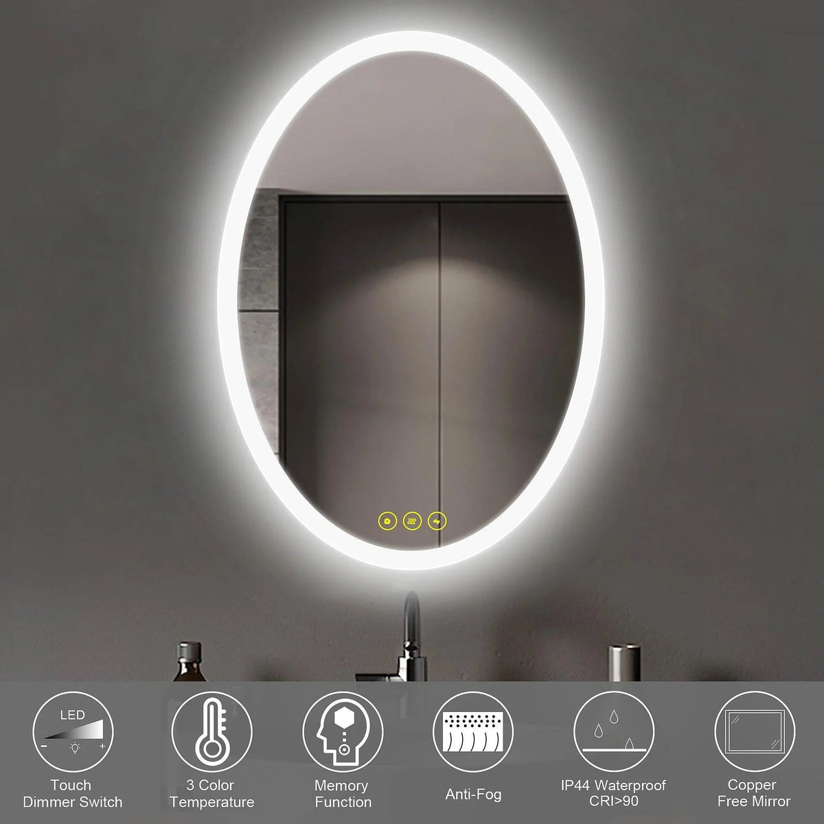 Oval LED wall mirror with bright edge light and frameless reflective surface