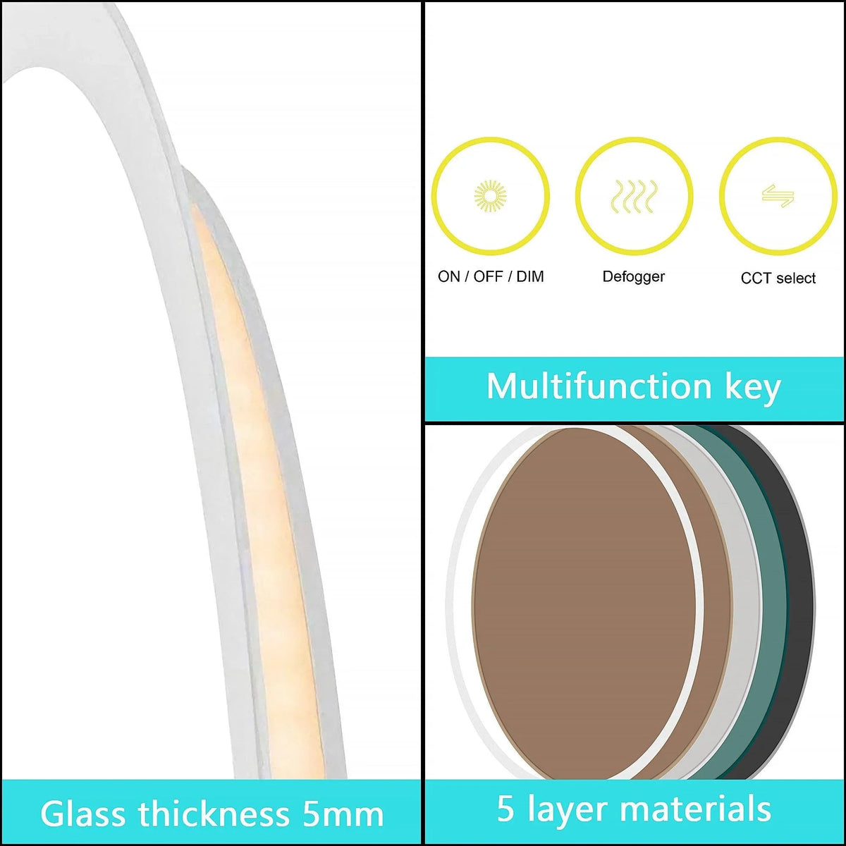 Oval LED mirror design showing glass thickness and layered construction near the edge