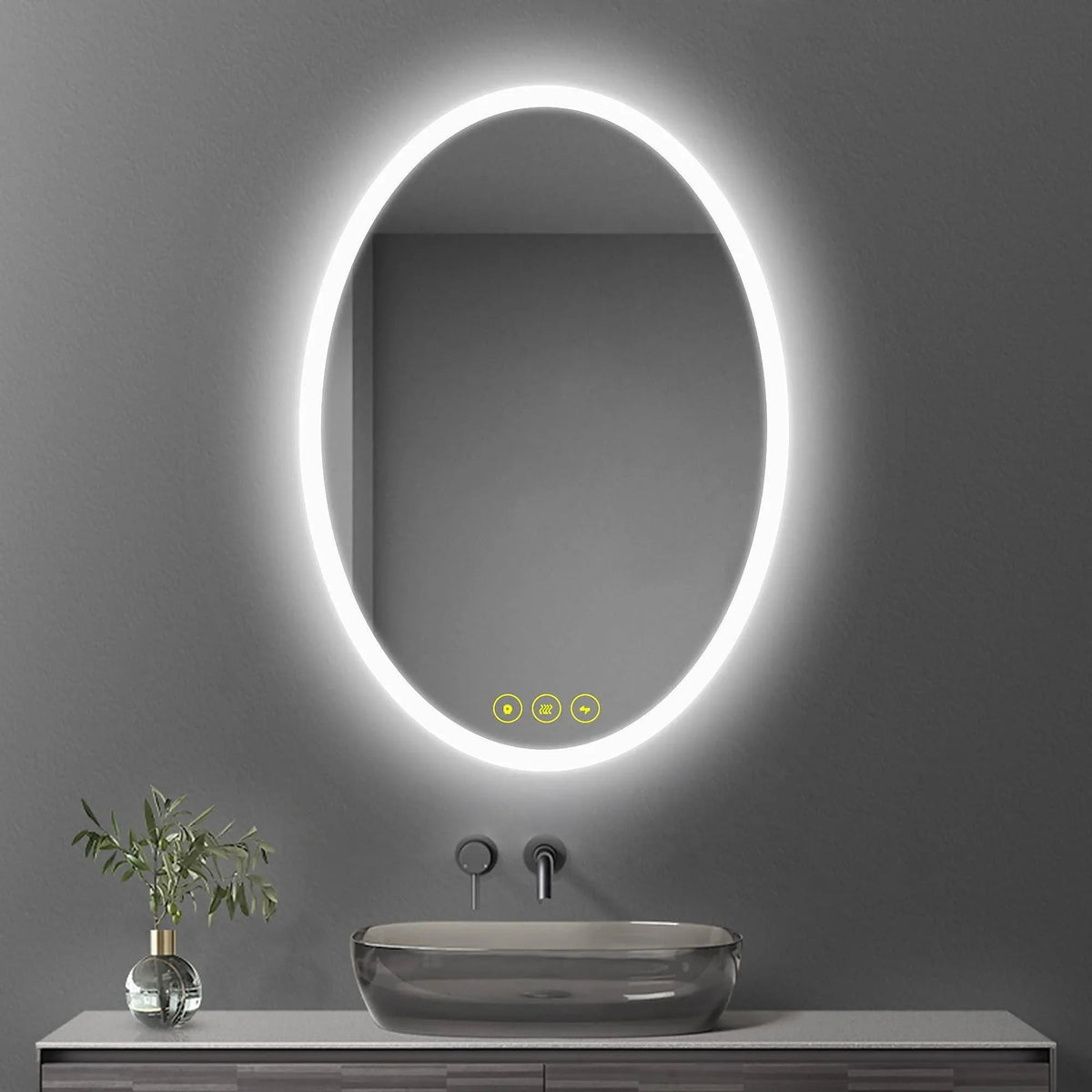 Oval frameless LED bathroom mirror with glowing ring light above vessel sink