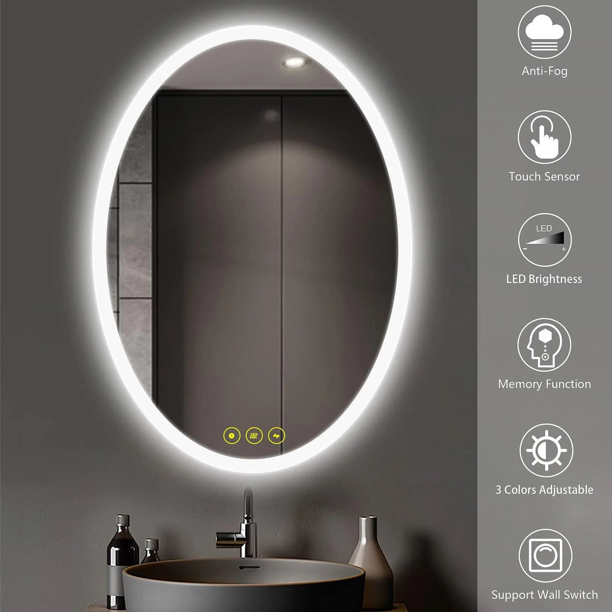 Oval LED bathroom mirror with touch buttons at bottom and anti-fog lighting
