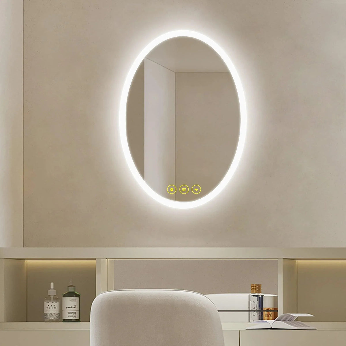 Oval LED bathroom vanity mirror with glowing frame and touch control dots at bottom
