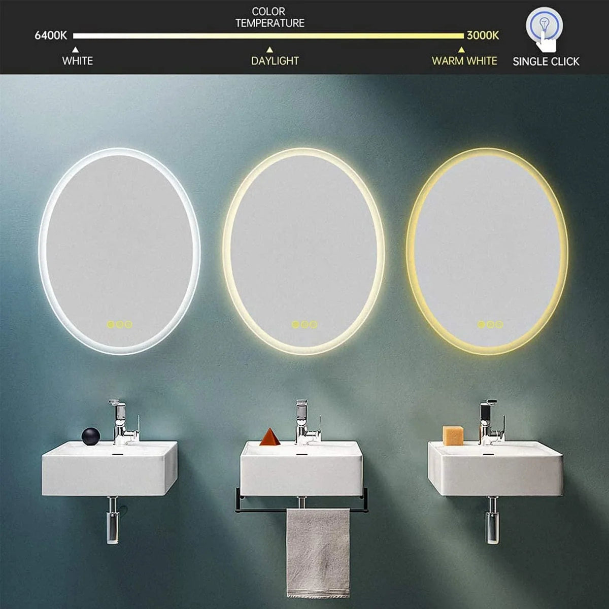 Oval frameless LED bathroom mirror with glowing ring light, anti-fog, dimmable modes