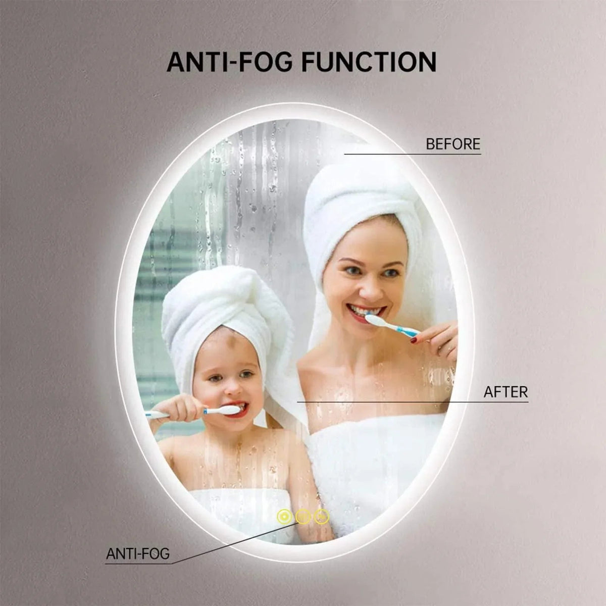 Oval LED bathroom mirror with anti-fog clear reflection around a smiling face