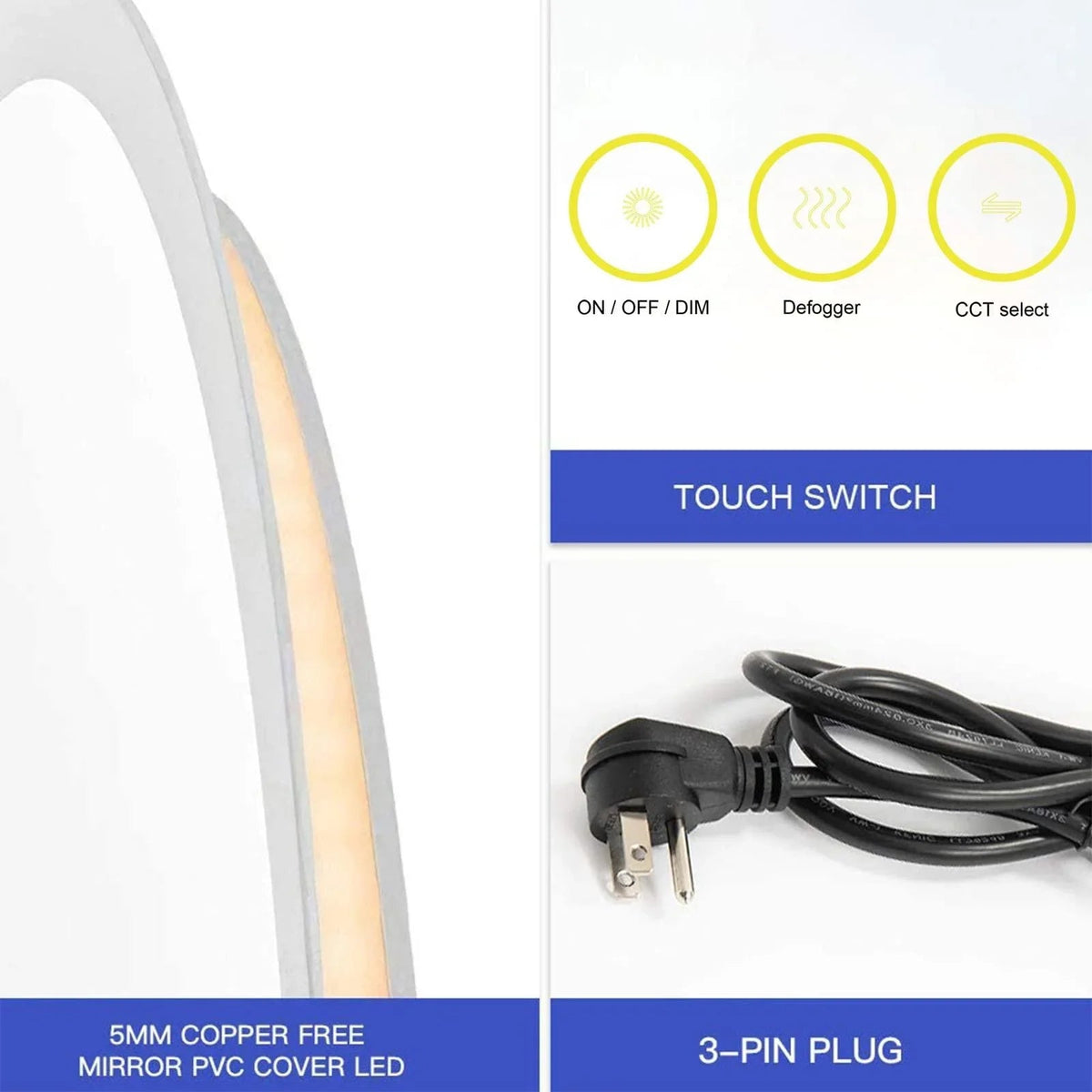 Oval LED mirror close-up with edge glow, touch controls, and 3-pin power plug