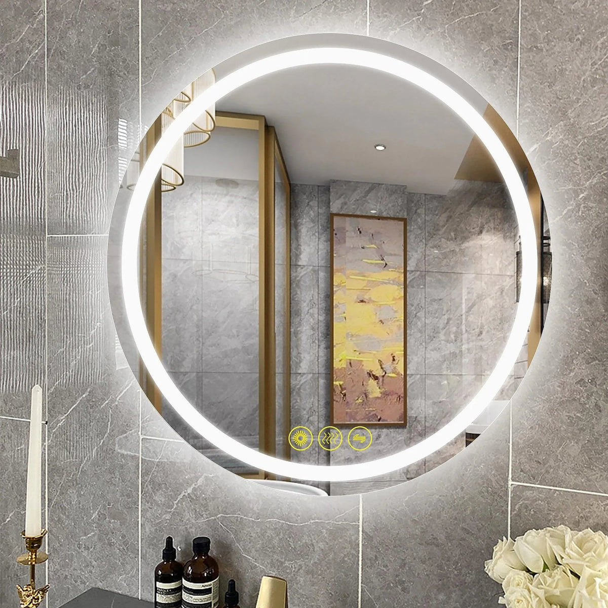 Round LED mirror with bright backlit ring reflecting a bathroom wall