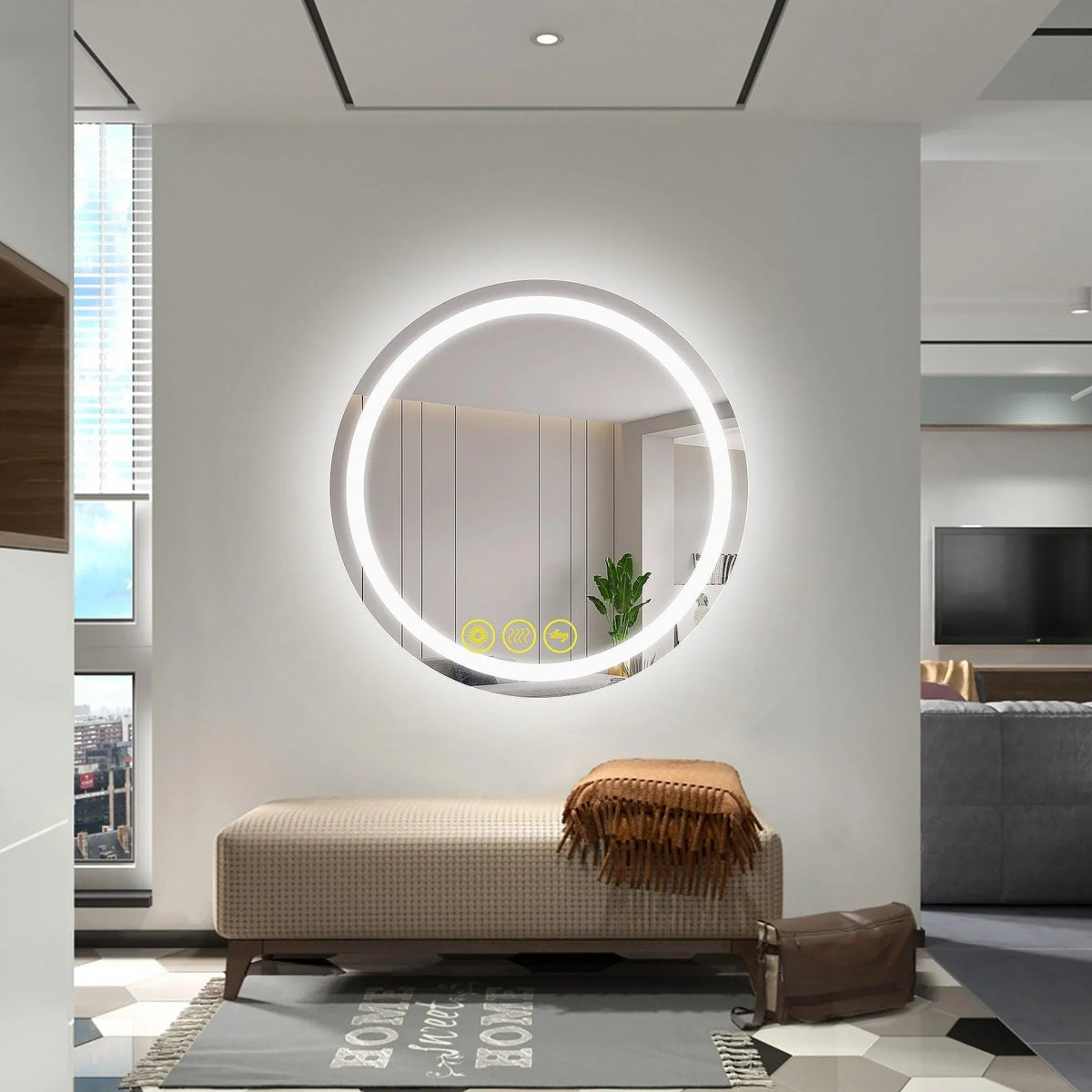 Round bathroom vanity mirror with bright LED backlit anti-fog ring border