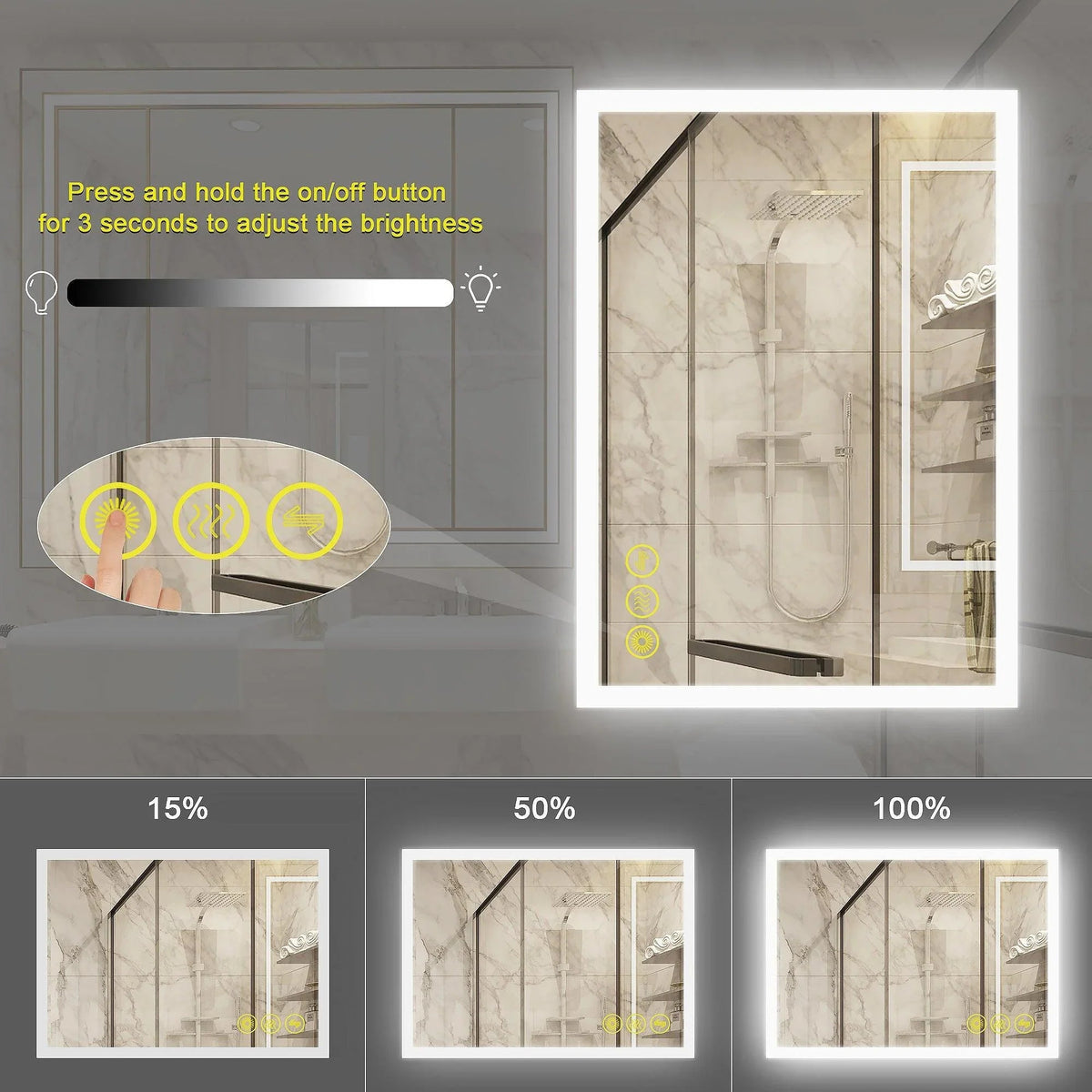 Frameless LED bathroom vanity mirror with bright white light border and touch control icons