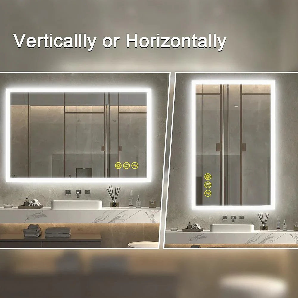 Smart frameless LED bathroom mirror installable vertically or horizontally with lit border