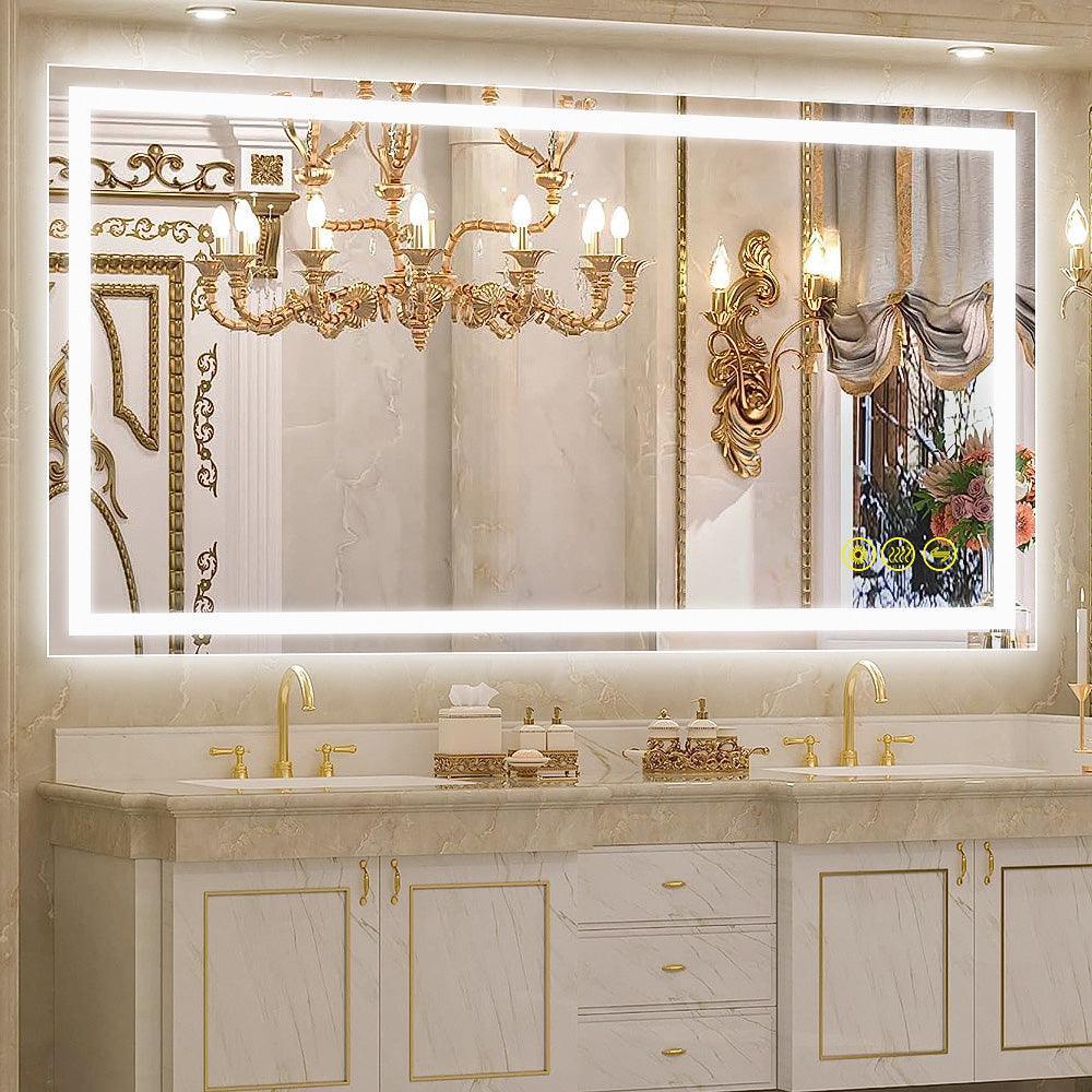 Ornate gold-wall bathroom vanity mirror with rectangular backlit LED frame