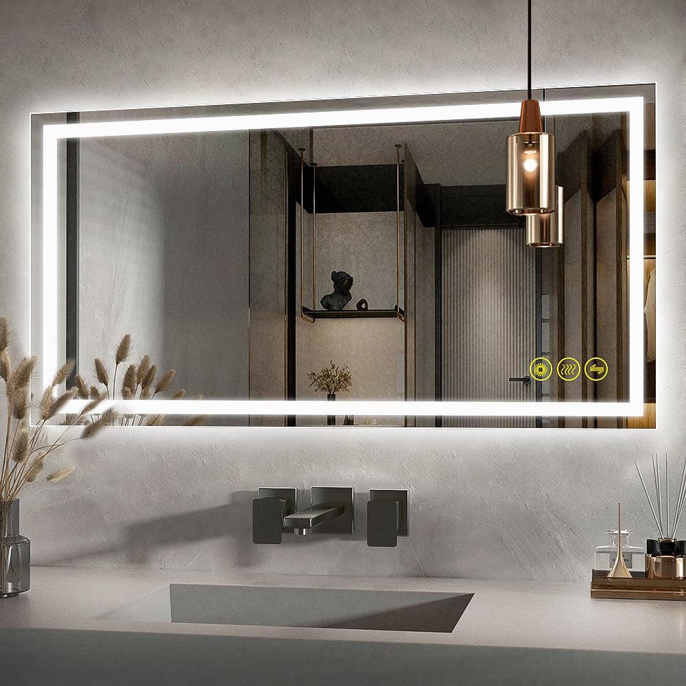 Rectangular LED backlit bathroom mirror with thin glowing frame around reflective glass