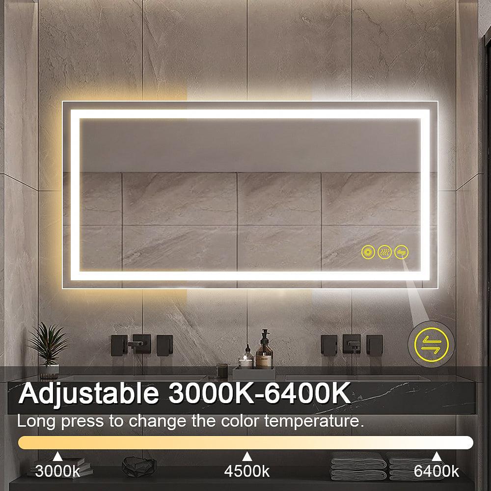 Rectangular LED backlit bathroom mirror with adjustable white light color temperature