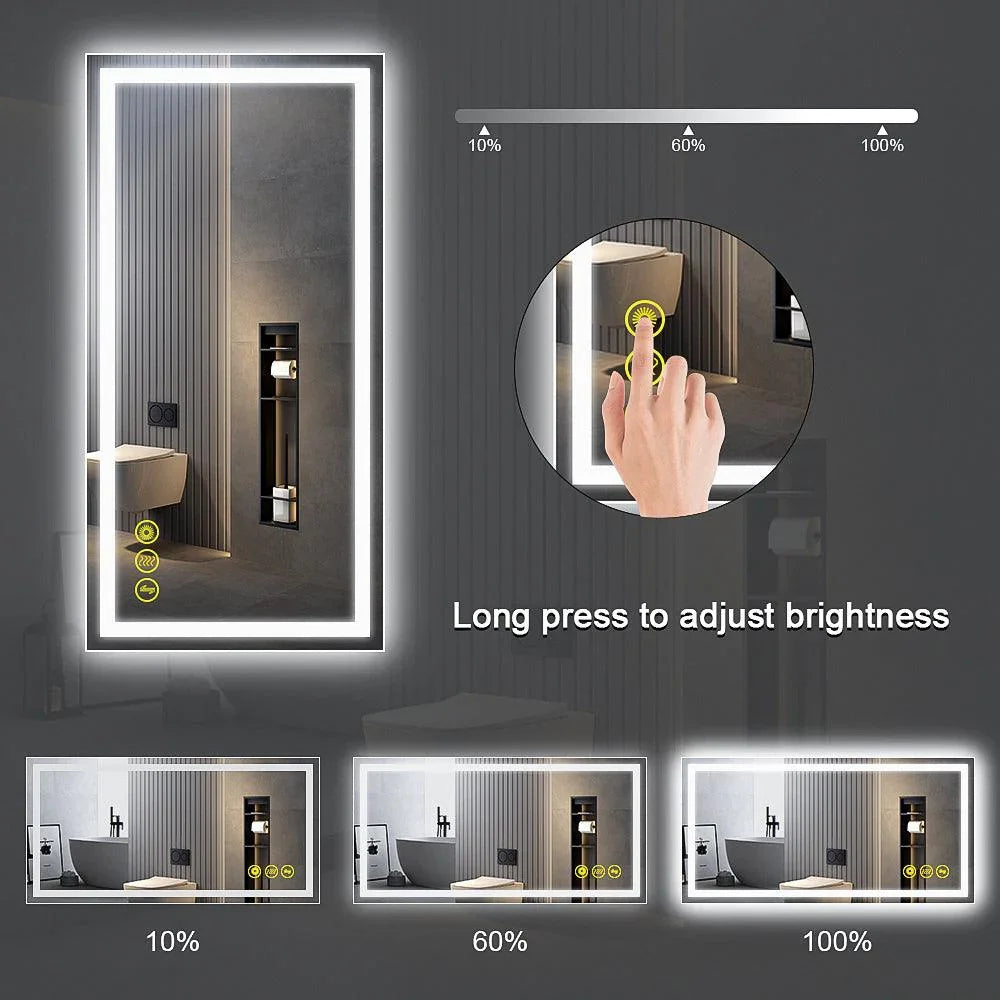 Rectangular LED bathroom mirror with glowing border and hand touch brightness control