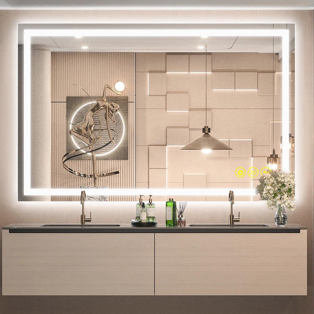 Rectangular LED bathroom vanity mirror with bright backlit frame above sink