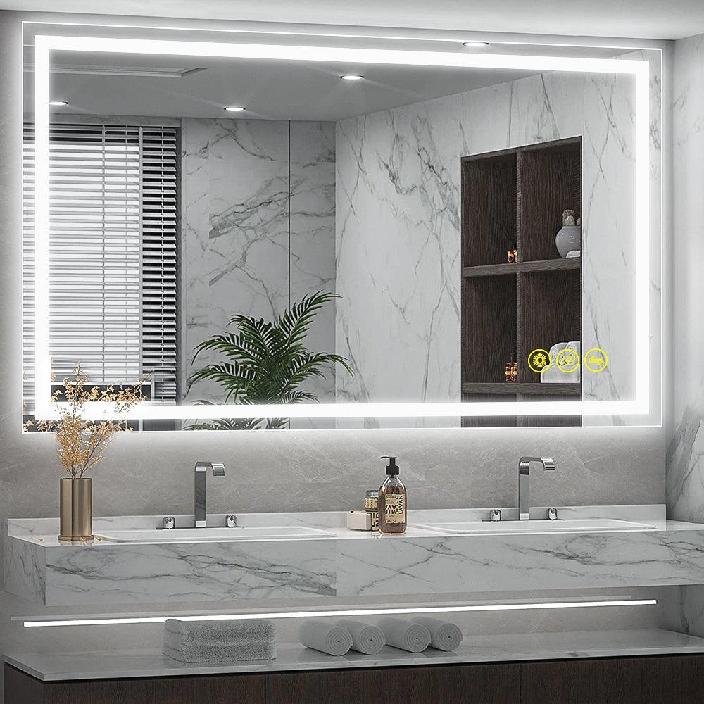 Rectangular LED bathroom vanity mirror with continuous backlit border around glass