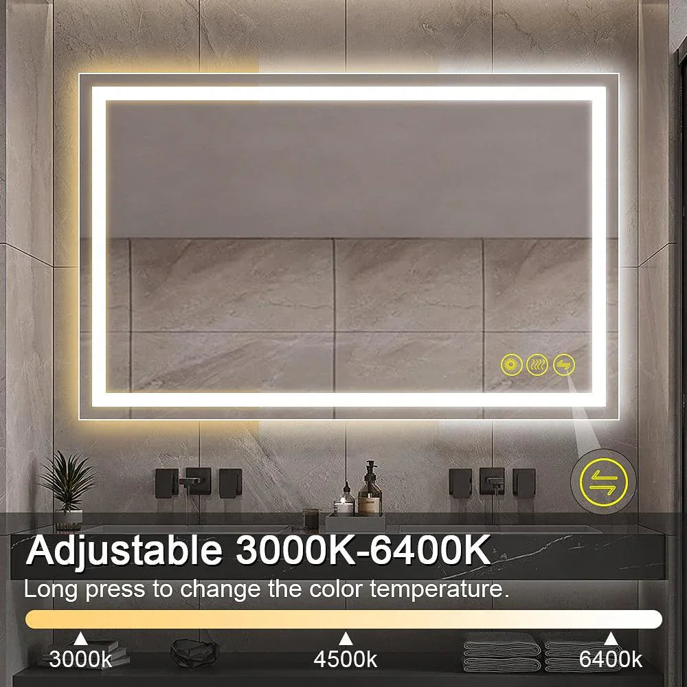 Rectangular backlit LED bathroom mirror with bright white border and touch controls