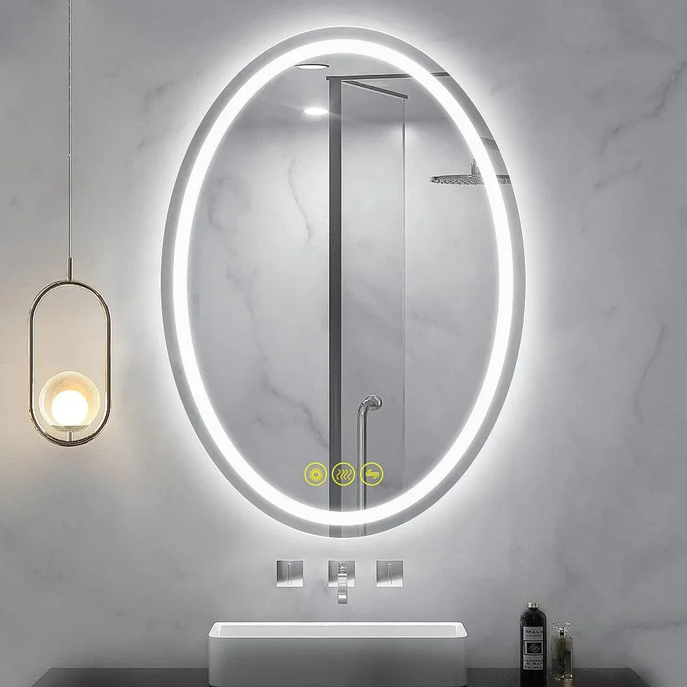 Oval LED vanity mirror with backlit glow and on-glass control icons