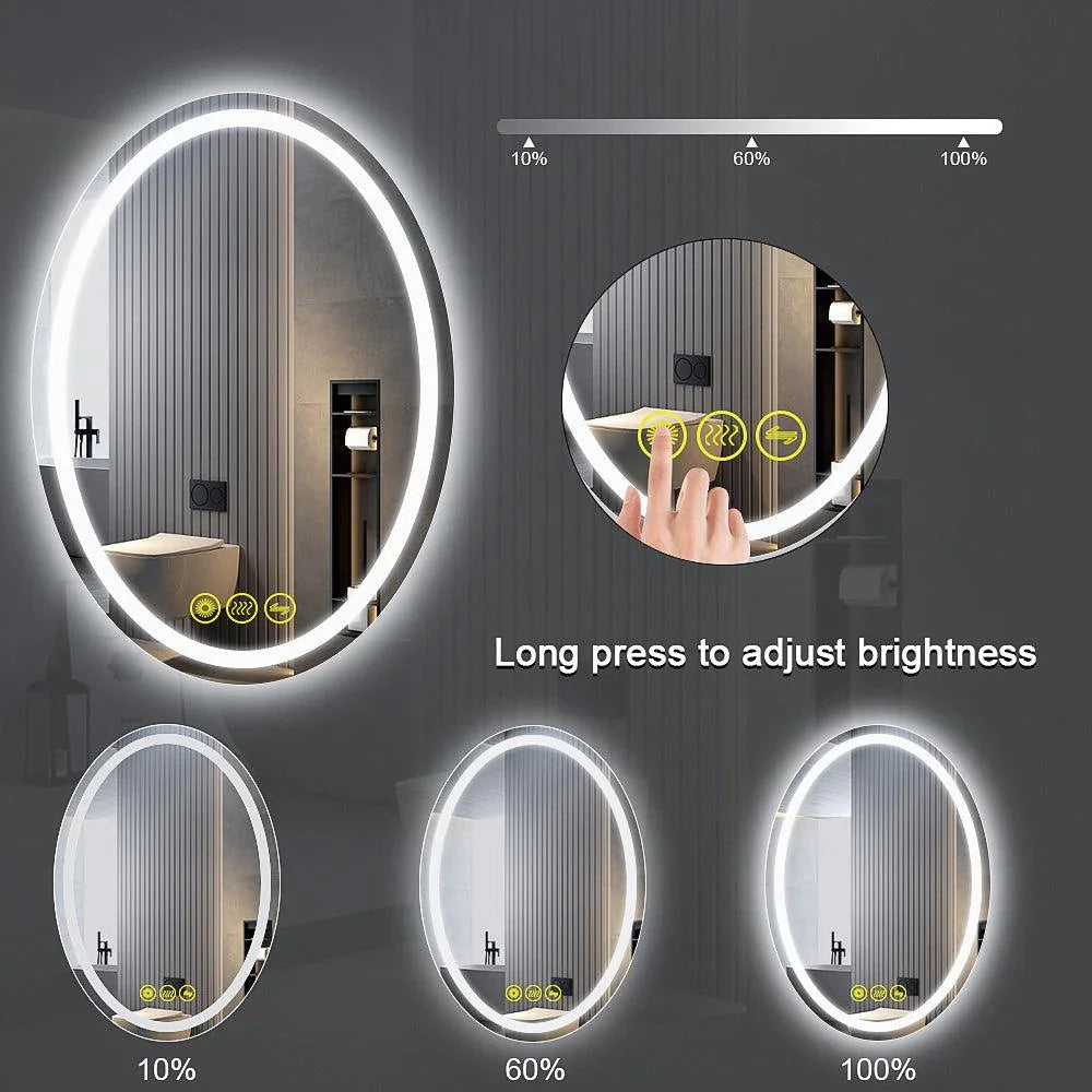 Oval LED mirror brightness controls with gesture icon and ring light levels