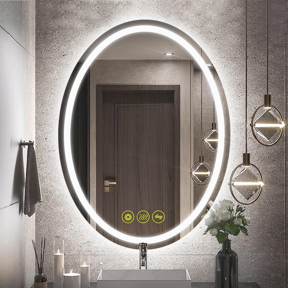 Oval frameless LED bathroom mirror with bright backlit ring, touch controls, anti-fog glow