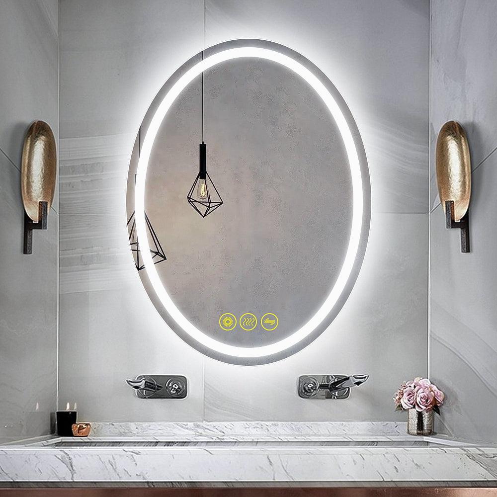 Oval LED vanity mirror with bright edge light ring and control icons on glass
