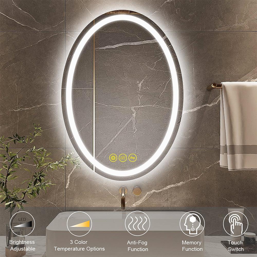 Oval frameless backlit LED vanity mirror with touch icons and anti-fog lighting ring