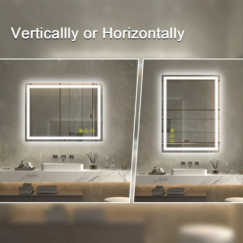 Rectangular LED bathroom mirror shown in vertical orientation with backlit frame