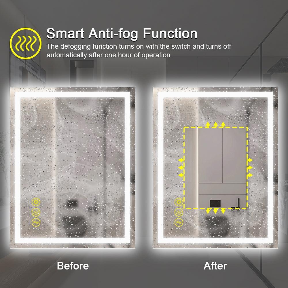 Rectangular LED bathroom mirror showing anti-fog before/after, left foggy right clear