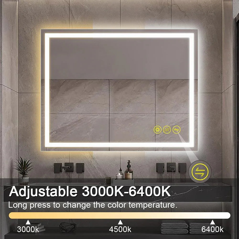 Rectangular LED bathroom mirror with adjustable color temperature 3000K to 6400K