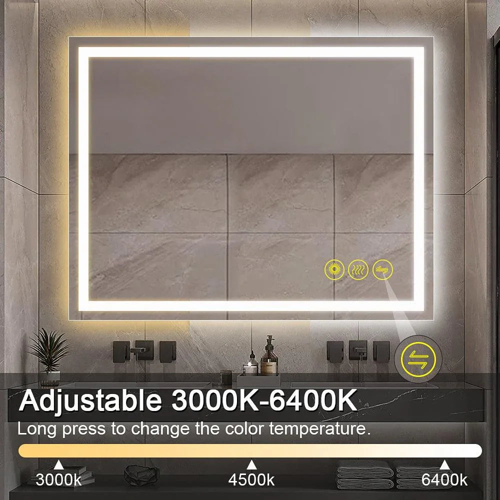 Rectangular backlit LED bathroom mirror with bright white frame and touch control buttons
