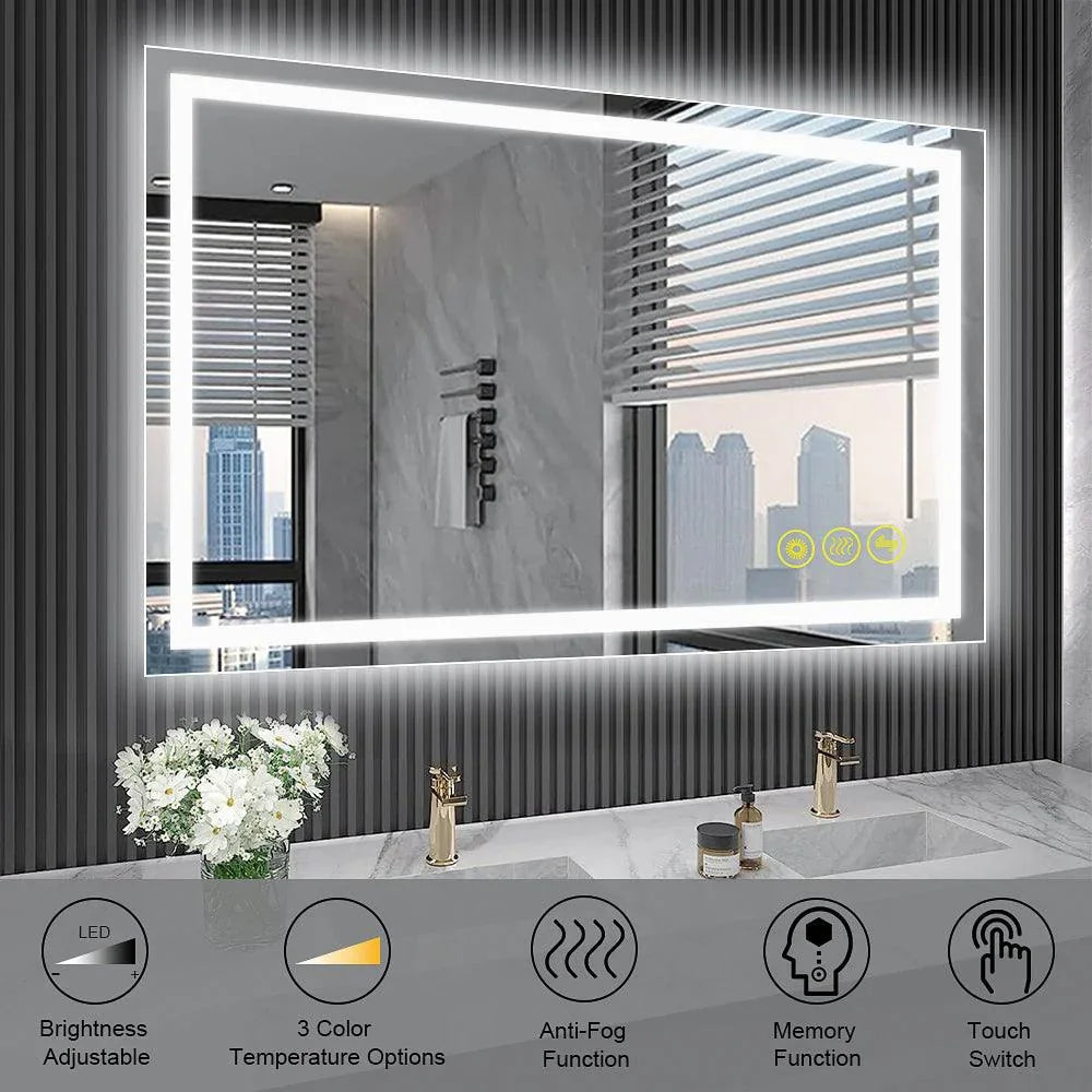 Rectangular backlit LED bathroom mirror with bright white frame lights and touch icons