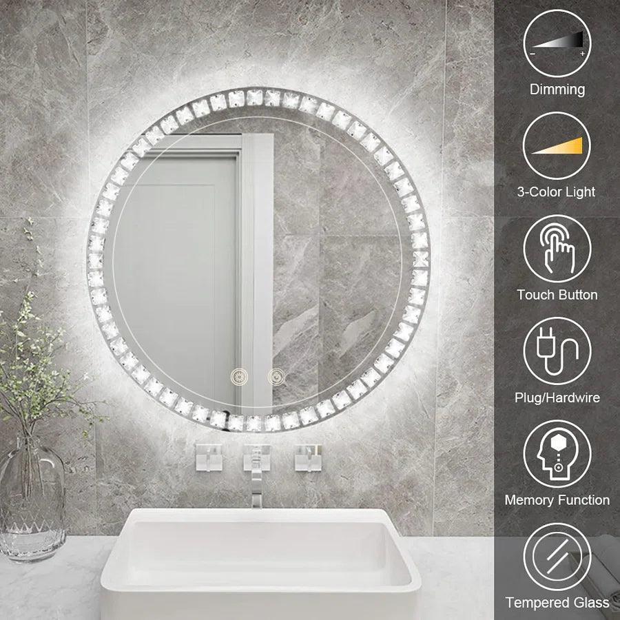 Round LED frameless bathroom mirror with anti-fog style glass and touch controls
